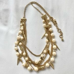 Gold Pearl and Stud Rocker Layered Statement Necklace